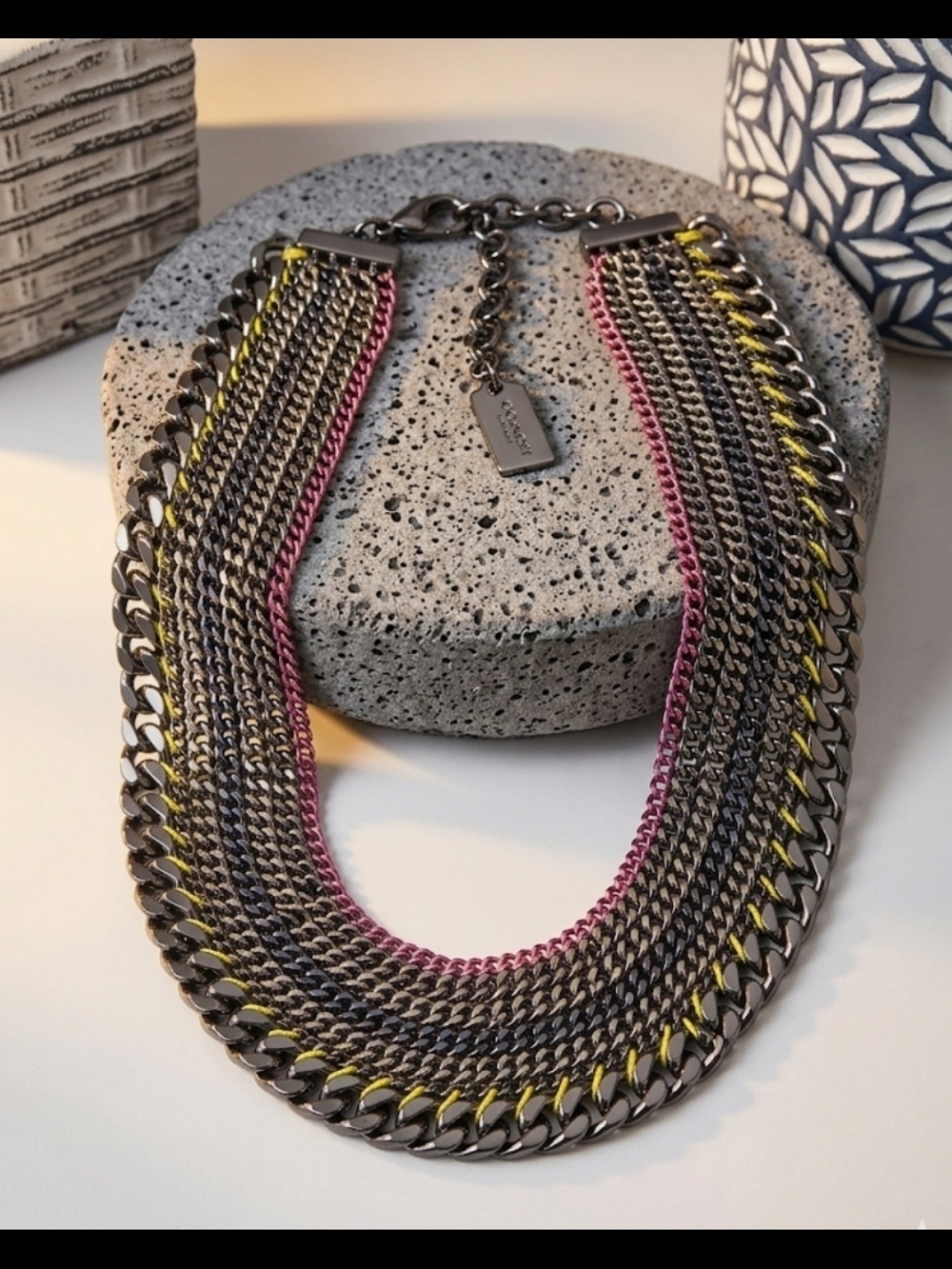 Coach Multi-Row Chain Necklace with Pink & Yellow Accents